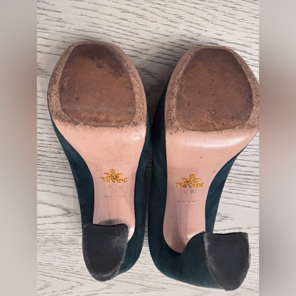 Prada Hunter Green Suede Open Peep Toe Platform Hell Size 6.5 - Picture 6 of 8